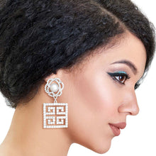 Load image into Gallery viewer, Silver Flower Square Greek Key Earrings
