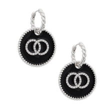 Load image into Gallery viewer, Black Infinity Charm Twisted Silver Hoops
