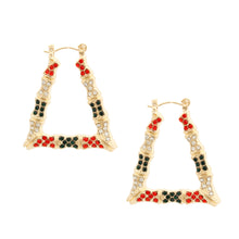Load image into Gallery viewer, Red and Green Bling Trapezoid Bamboo Hoops
