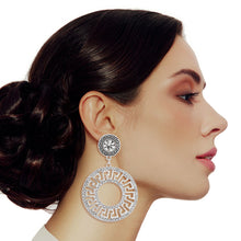 Load image into Gallery viewer, Silver Rhinestone Round Greek Key Earrings
