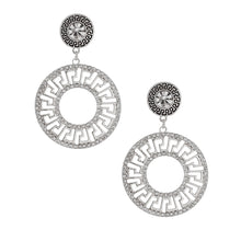 Load image into Gallery viewer, Silver Rhinestone Round Greek Key Earrings

