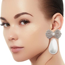 Load image into Gallery viewer, Silver Bow Pearl Teardrop Earrings
