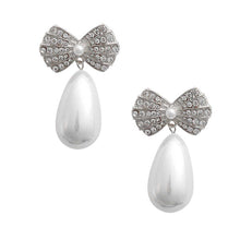 Load image into Gallery viewer, Silver Bow Pearl Teardrop Earrings
