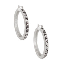 Load image into Gallery viewer, Silver Greek Key Latch Back Hoops
