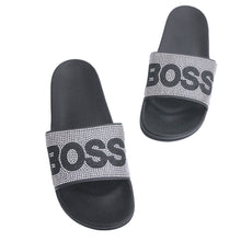 Load image into Gallery viewer, Size 11 Silver BOSS Black Slides
