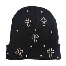 Load image into Gallery viewer, Black Bling Cross Beanie
