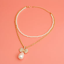Load image into Gallery viewer, Double Layer Pearl Bow Gold Necklace
