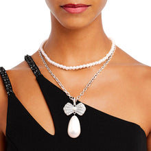 Load image into Gallery viewer, Double Layer Pearl Bow Silver Necklace
