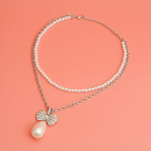 Load image into Gallery viewer, Double Layer Pearl Bow Silver Necklace
