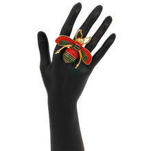 Load image into Gallery viewer, Designer Style Green and Red Rhinestone Bee Stretch Ring
