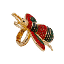 Load image into Gallery viewer, Designer Style Green and Red Rhinestone Bee Stretch Ring
