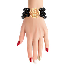 Load image into Gallery viewer, Black Glass Bead Round Gold Bracelet
