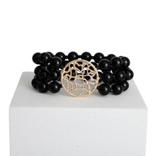 Load image into Gallery viewer, Black Glass Bead Round Gold Bracelet
