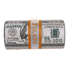 Load image into Gallery viewer, Black Bling Rolled Benjamins Clutch

