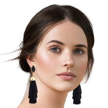 Load image into Gallery viewer, Black Raffia Stacked Tassel Earrings
