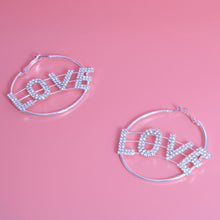 Load image into Gallery viewer, Rhinestone LOVE Silver Hoops
