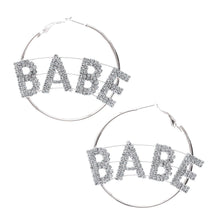 Load image into Gallery viewer, Rhinestone BABE Silver Hoops
