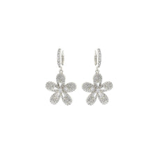 Load image into Gallery viewer, Rhodium Plated CZ Flower Huggie Hoops
