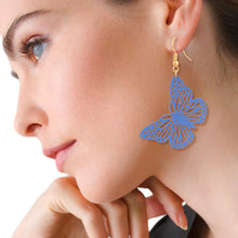 Load image into Gallery viewer, Blue Metal Butterfly Fish Hook Earrings
