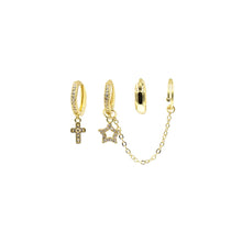 Load image into Gallery viewer, CZ Pave Huggie Hoop Cross Ear Cuff Set
