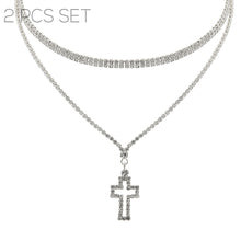 Load image into Gallery viewer, Silver Rhinestone Cross 2 Choker Set
