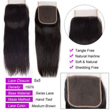 Load image into Gallery viewer, 5×5 Lace Closure Brazilian Straight 100% Human Hair Natural Black Color Free Shipping
