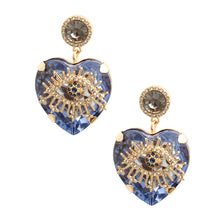 Load image into Gallery viewer, Blue Crystal Heart Evil Eye Earrings
