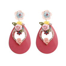 Load image into Gallery viewer, Pink Teardrop Earrings with Rhinestone and Flower Detail
