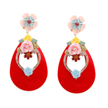 Load image into Gallery viewer, Red Teardrop Earrings with Rhinestone and Flower Detail
