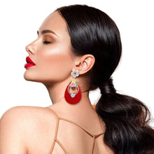 Load image into Gallery viewer, Red Teardrop Earrings with Rhinestone and Flower Detail
