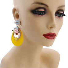 Load image into Gallery viewer, Yellow Teardrop Earrings with Rhinestone and Flower Detail
