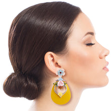 Load image into Gallery viewer, Yellow Teardrop Earrings with Rhinestone and Flower Detail
