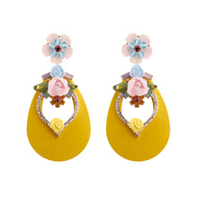 Load image into Gallery viewer, Yellow Teardrop Earrings with Rhinestone and Flower Detail
