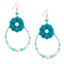 Load image into Gallery viewer, Aqua Flower Teardrop Earrings with Pearl and Bead Detail
