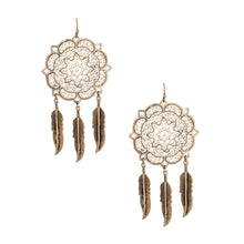 Load image into Gallery viewer, Burnished Gold Filigree Feather Earrings
