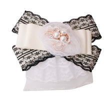 Load image into Gallery viewer, Black and White Lace Bow Tie with Pearl and Rhinestone Brooch
