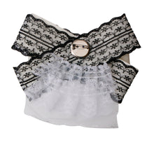 Load image into Gallery viewer, Black and White Lace Bow Tie with Pearl and Rhinestone Brooch
