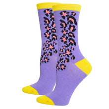 Load image into Gallery viewer, Women's Crew Socks Purple Yellow Cheetah
