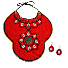 Load image into Gallery viewer, Red Beaded Collar Large Bib Necklace Set.Cowrie Shell and Turquoise Mosaic
