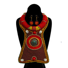 Load image into Gallery viewer, Brown Yellow and Red Bead Collar Long Bib Necklace Set with Cowrie Shell Detail
