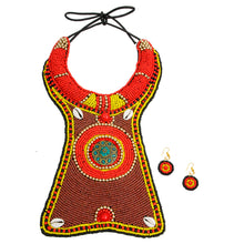 Load image into Gallery viewer, Brown Yellow and Red Bead Collar Long Bib Necklace Set with Cowrie Shell Detail
