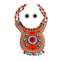 Load image into Gallery viewer, Orange Bead Bib Necklace Set with Blue Red and Green Bead Collar and Detail
