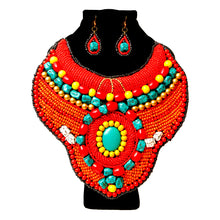 Load image into Gallery viewer, Red and Orange Bead Raised Collar Bib Necklace Set with Turquoise Stone Bead Detail
