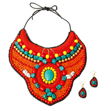Load image into Gallery viewer, Red and Orange Bead Raised Collar Bib Necklace Set with Turquoise Stone Bead Detail
