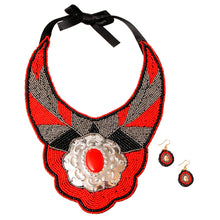 Load image into Gallery viewer, Red and Silver Beaded Bib Necklace Set Featuring Stamped Metal Plate Design

